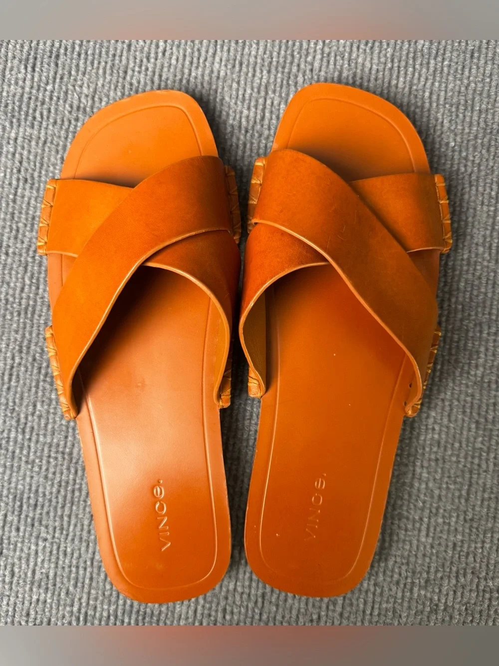 Vince Sandals Womens 10 Brown Leather Solid Cross Strap Square Toe Slides